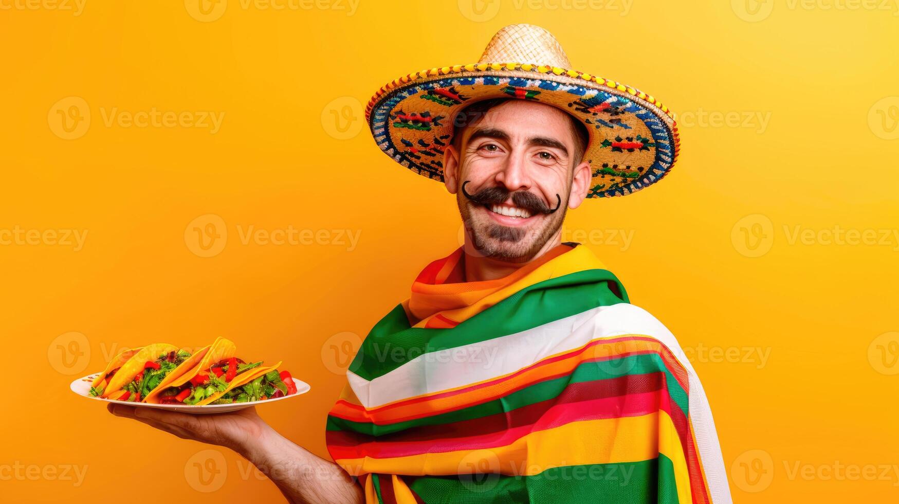 AI generated Happy Mexican man with a mustache in a traditional costume wearing a sombrero and serapes holds a plate of tacos in one hand on solid background. Vibrant color. Positive emotion. Food photo