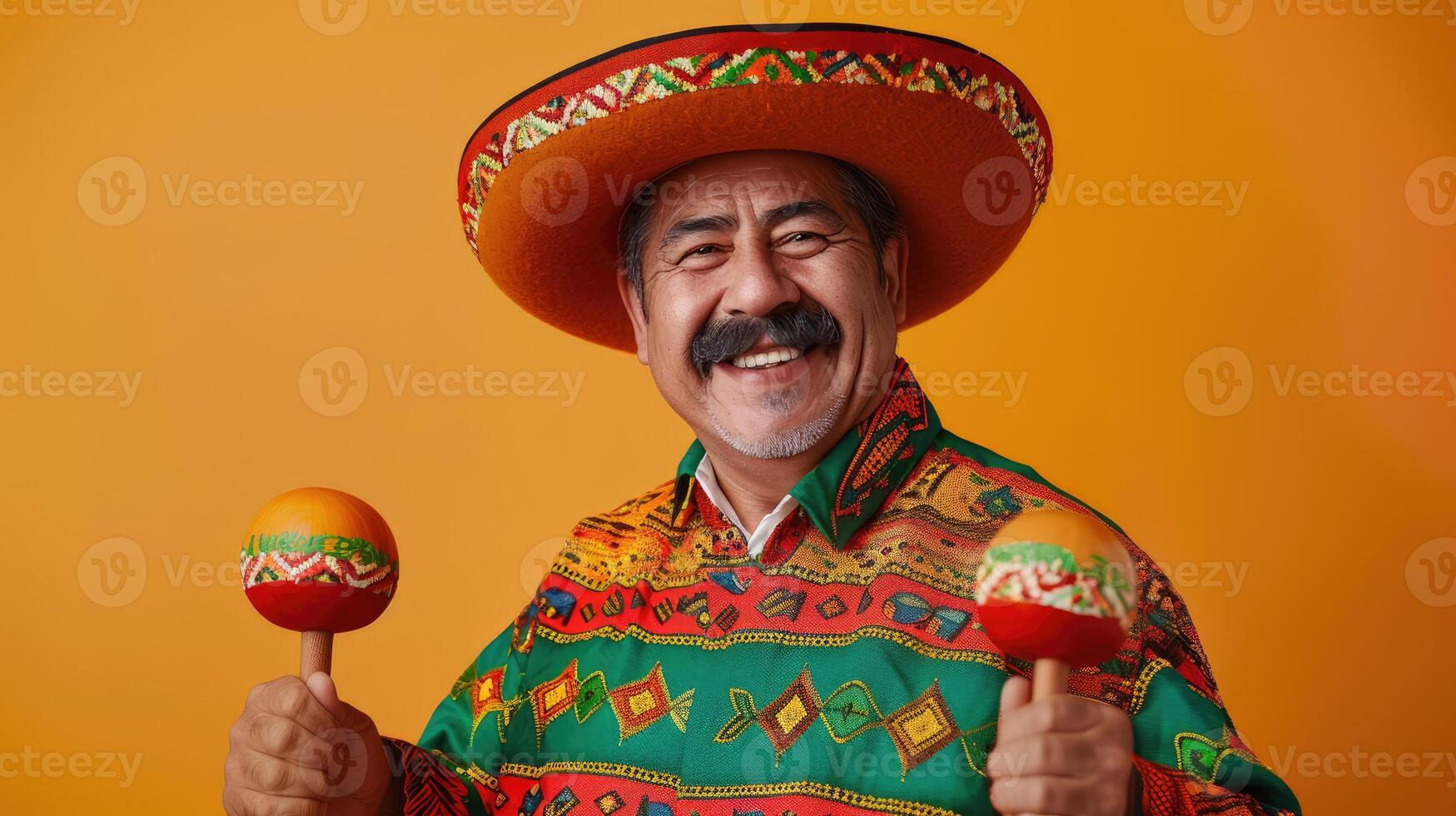 AI generated Smiling middle-aged Mexican man with colorful maracas and sombrero photo