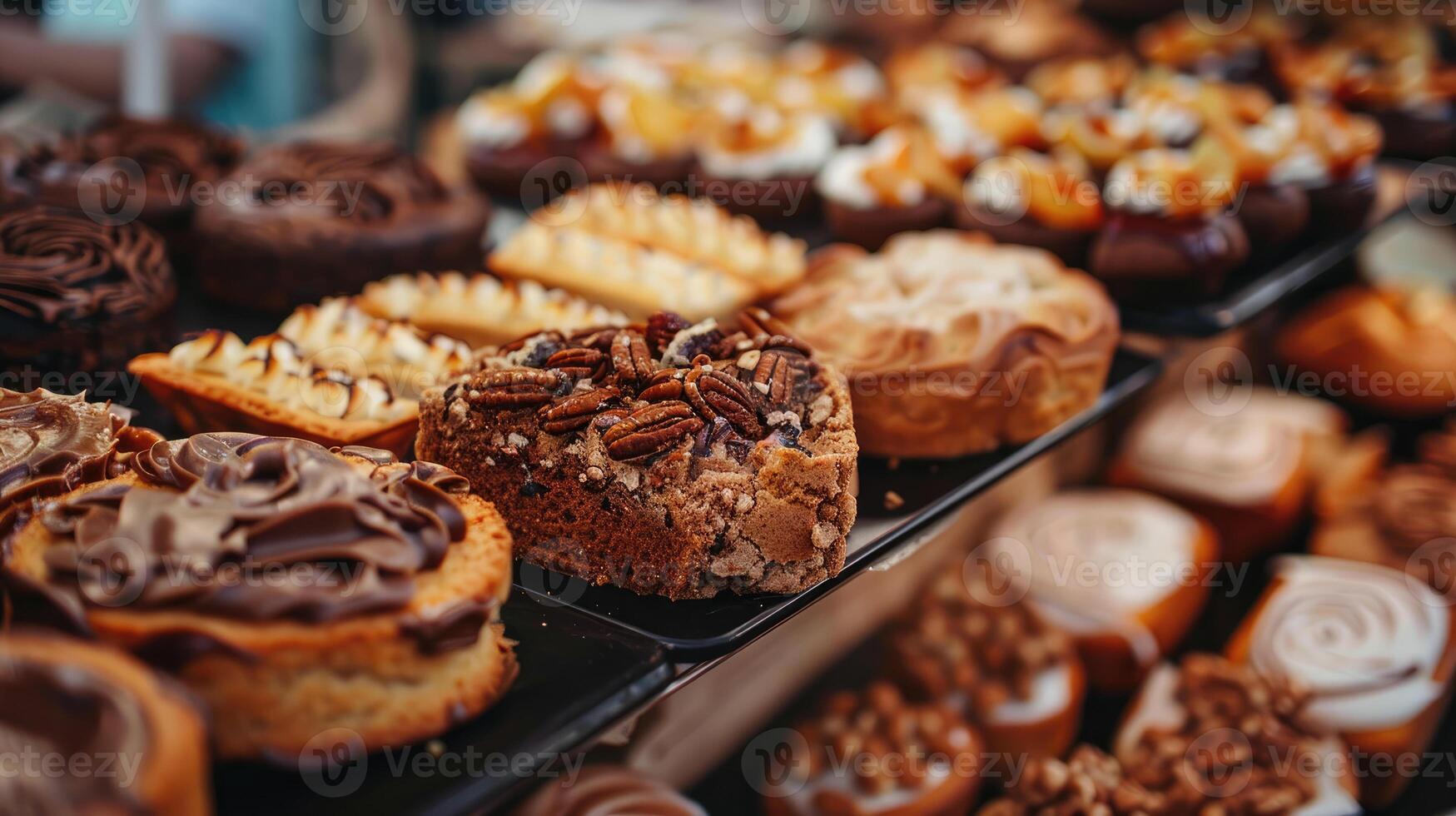 AI generated Close up shot of various baked goods on showcase with crumb nut and chocolate toppings photo