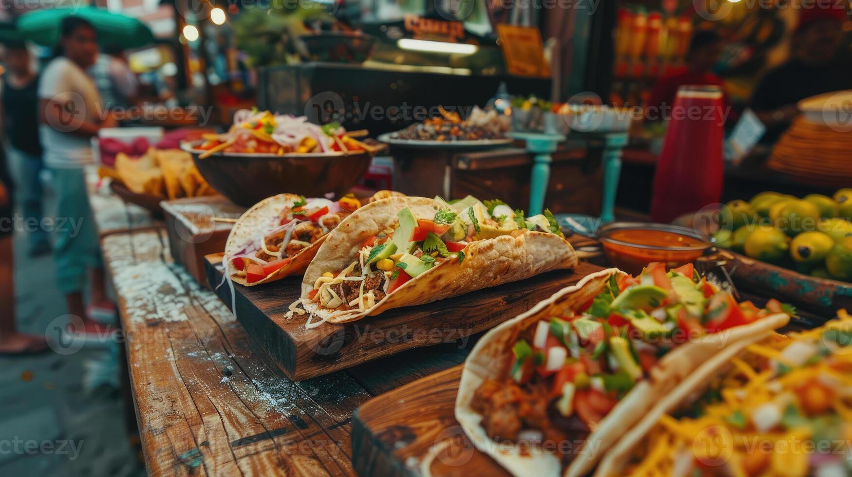 AI generated Close up shot of traditional Mexican street food. Delicious tacos on wooden table with lively market atmosphere in background photo