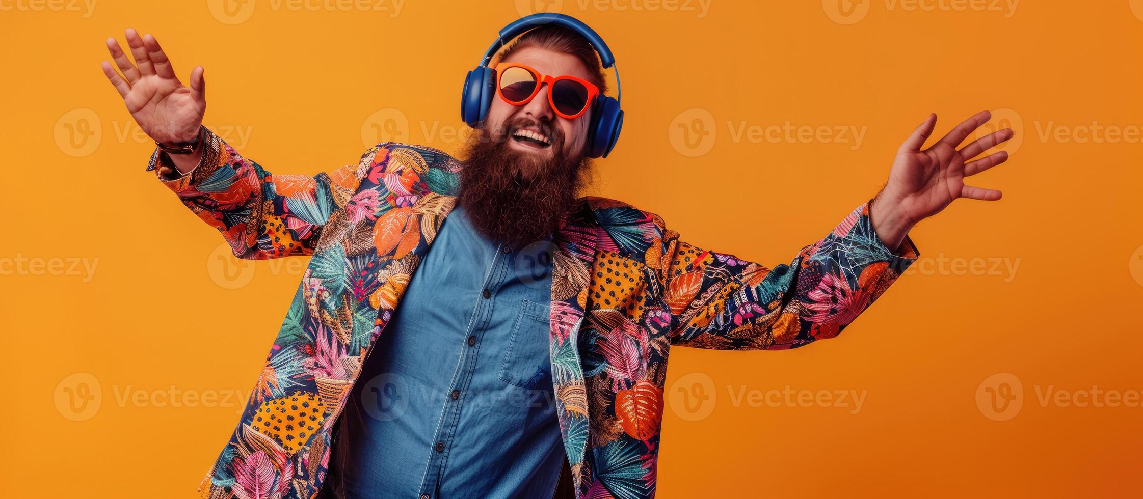 AI generated Positive happy man with beard wearing headphones listens to music dancing and flying photo