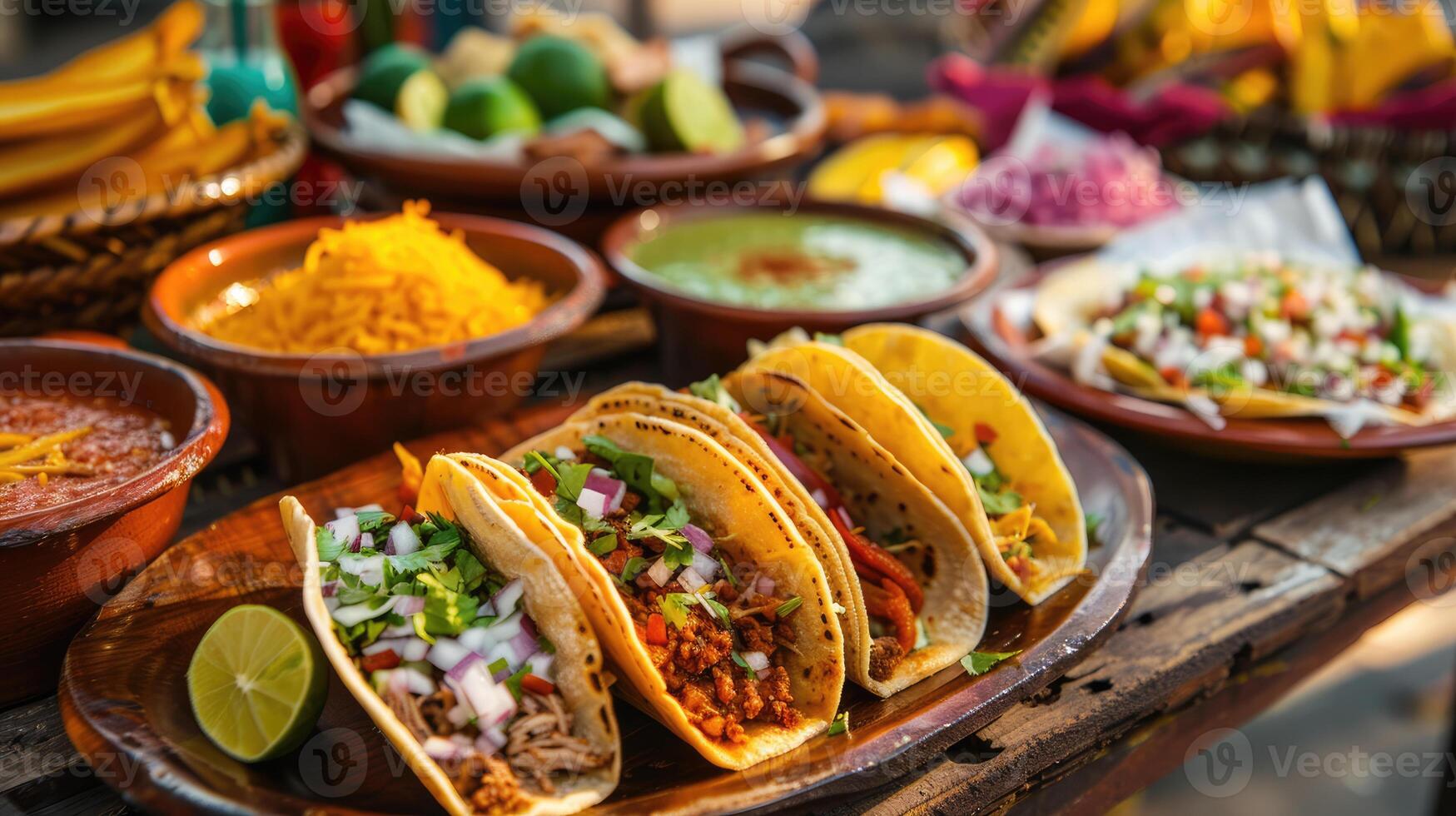 AI generated Close up shot of traditional Mexican dishes tacos tamales sauces and vegetables on rustic wooden table photo