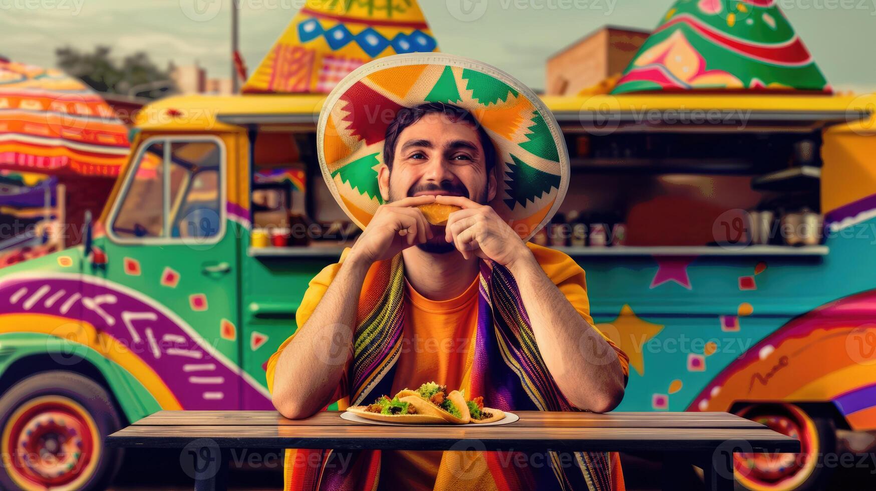 AI generated Happy Mexican man in sombrero and serapes enjoying eating tacos against vibrant food truck on the background photo
