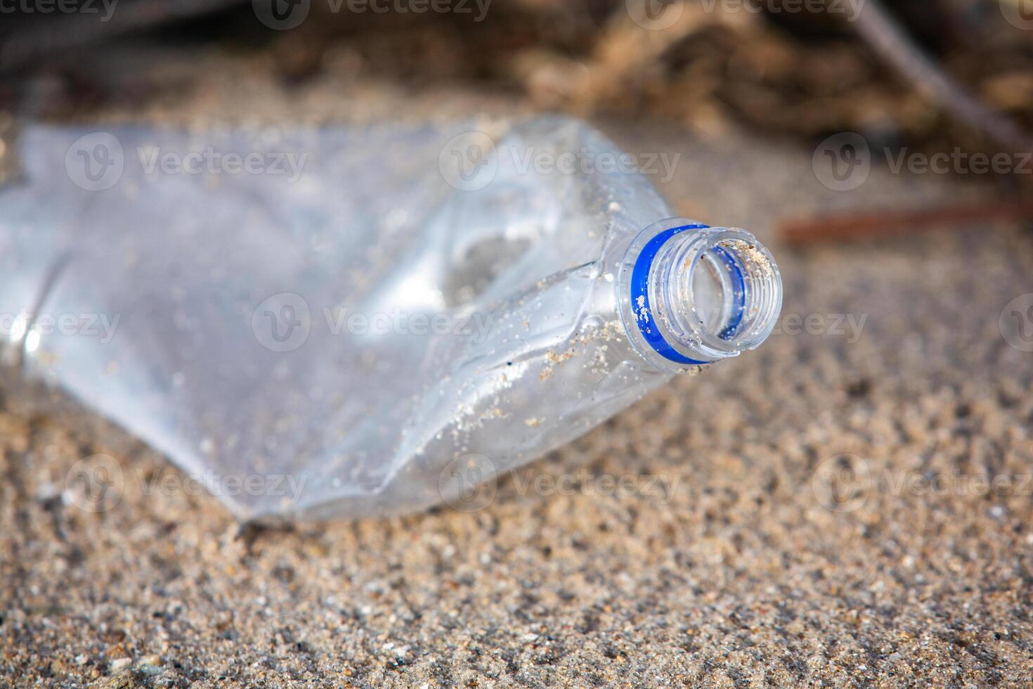 Plastic bottle on the shore of the lake. Environmental pollution. Plastic waste on the beach. photo