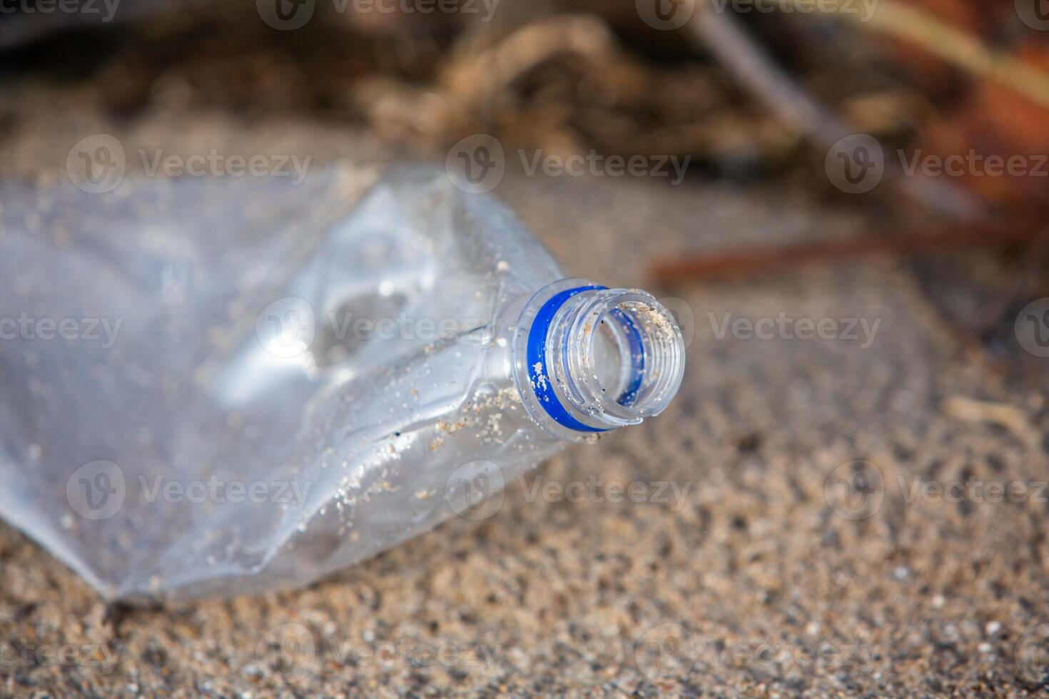 Plastic bottle on the shore of the lake. Environmental pollution. Plastic waste on the beach. photo