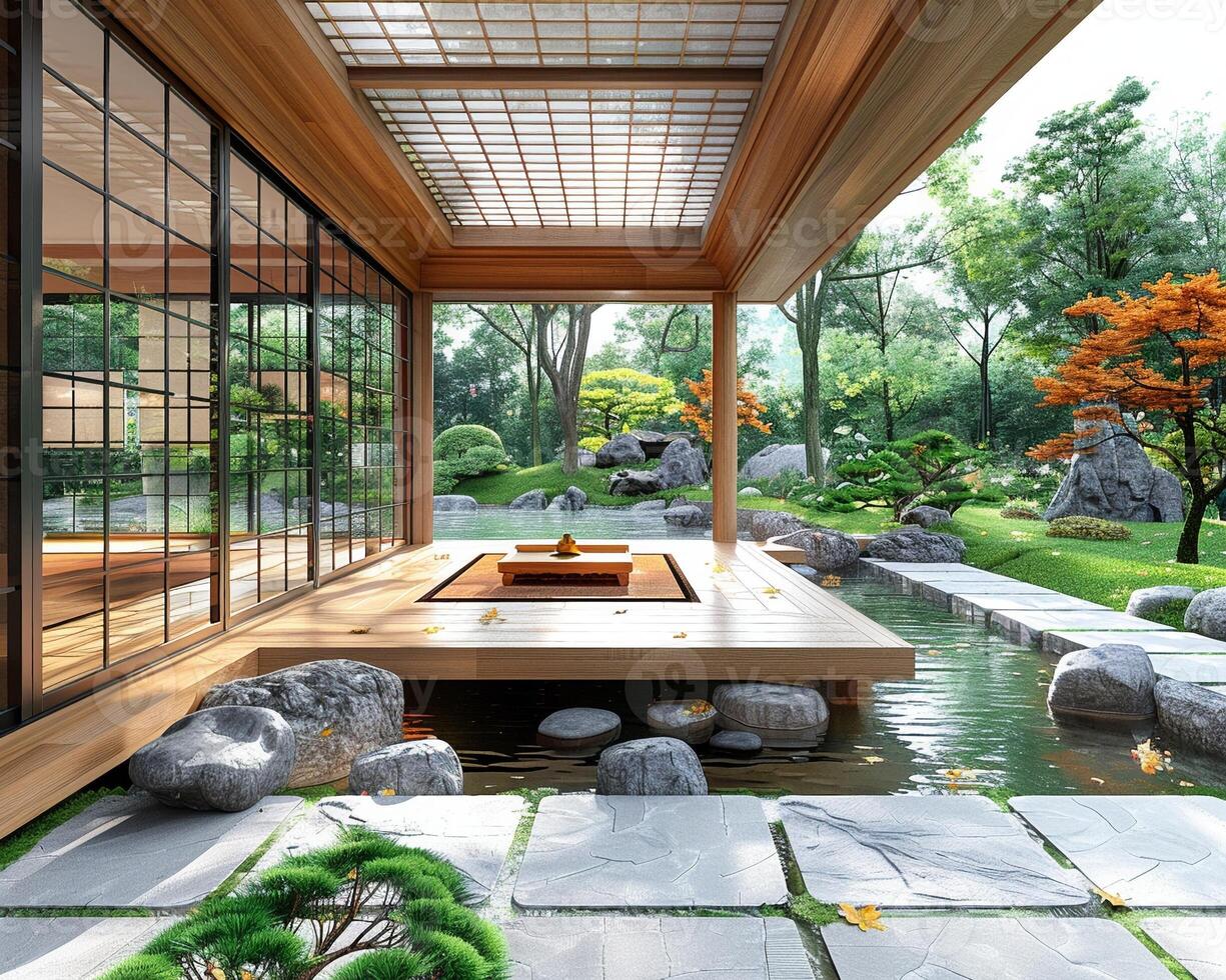 ai generado tradicional té casa con de madera arquitectura y pacífico jardín puntos de vista foto