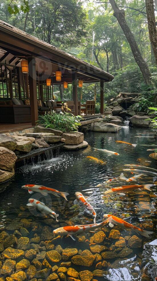 AI Generated Tranquil koi pond with a surrounding sitting area and lush landscaping photo