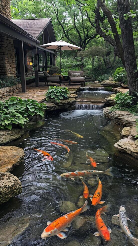 AI Generated Tranquil koi pond with a surrounding sitting area and lush landscaping photo