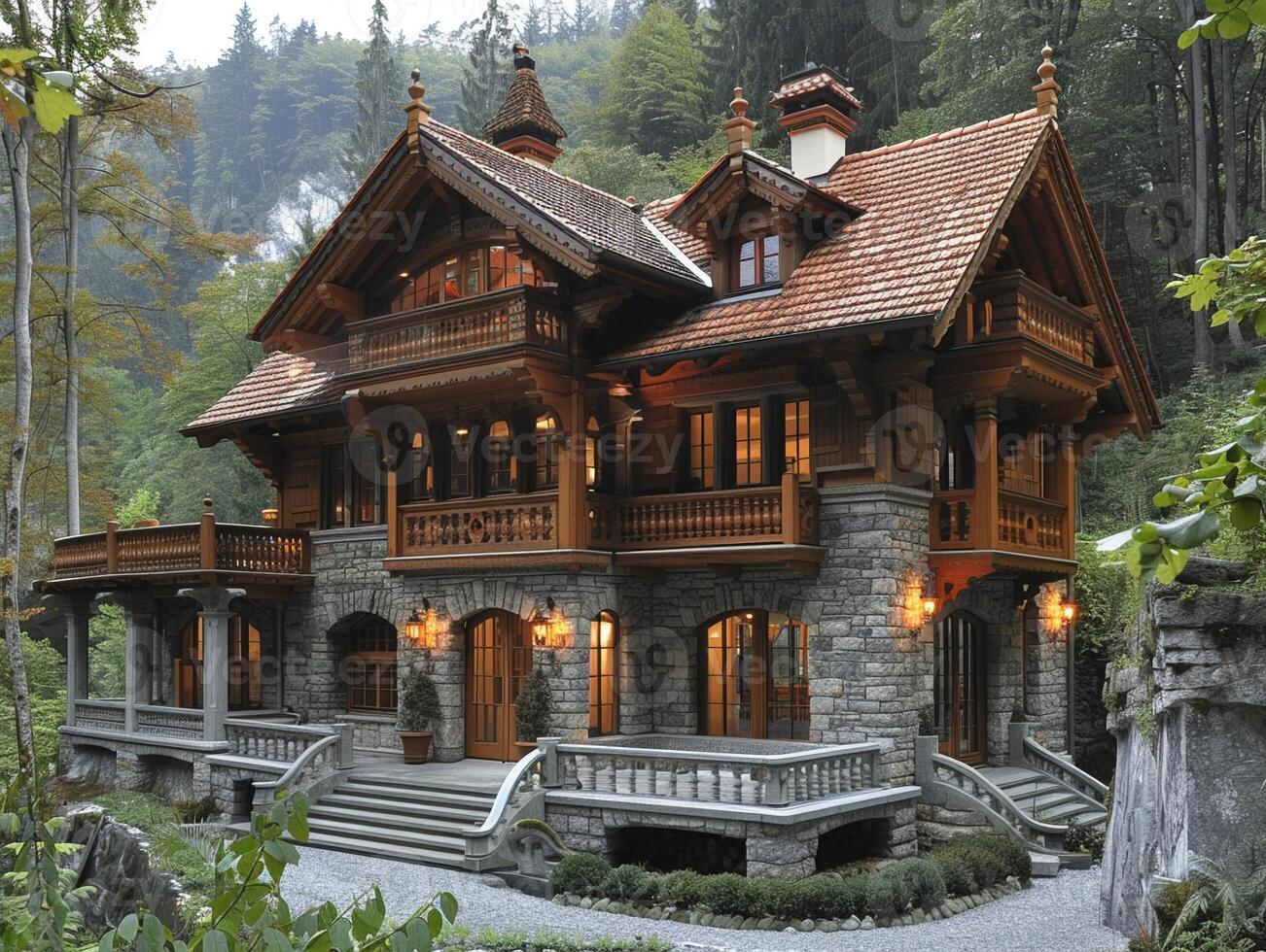 AI Generated Traditional Swiss Chalet Nestled in Alps with Detailed Wood Carvings photo
