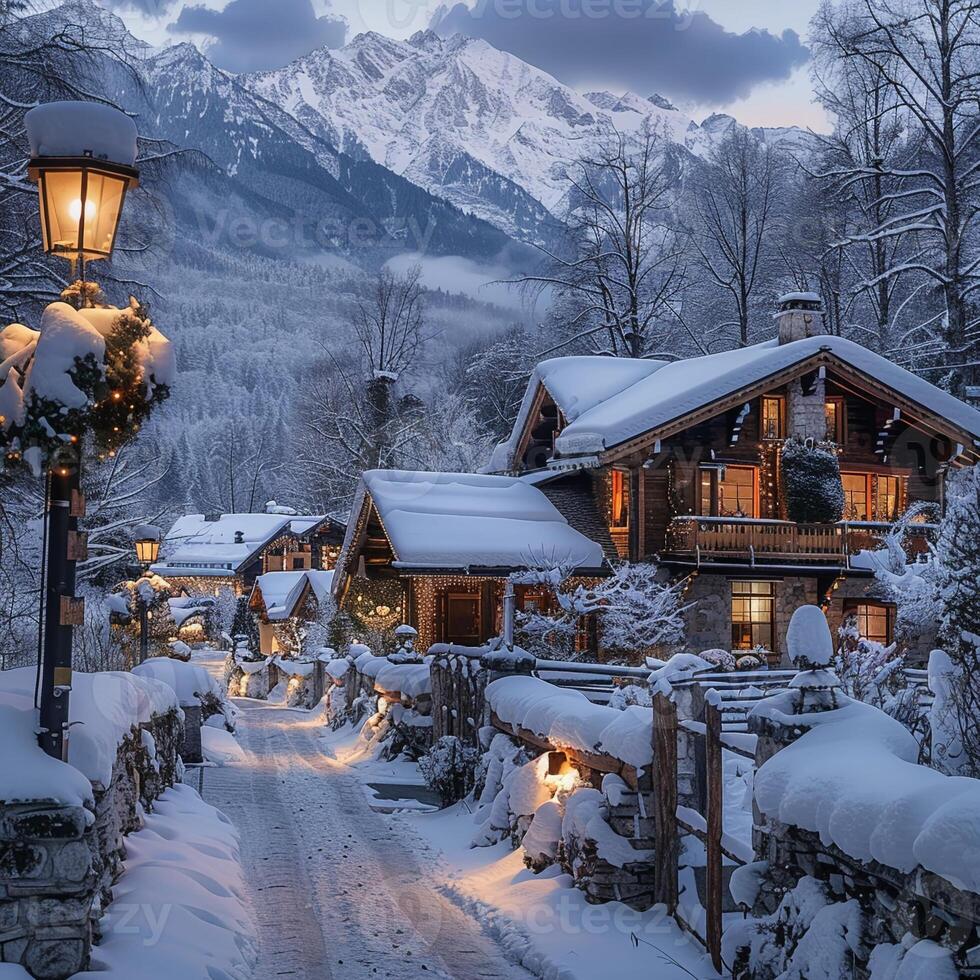 ai generado tradicional suizo chalet en medio de Nevado Alpes ofrecimiento acogedor retirada foto