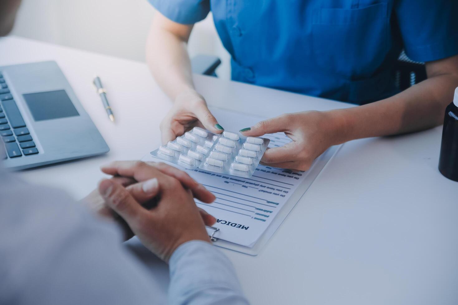 Doctor and patient are discussing consultation about symptom problem diagnosis of disease talk to the patient about medication and treatment method. photo