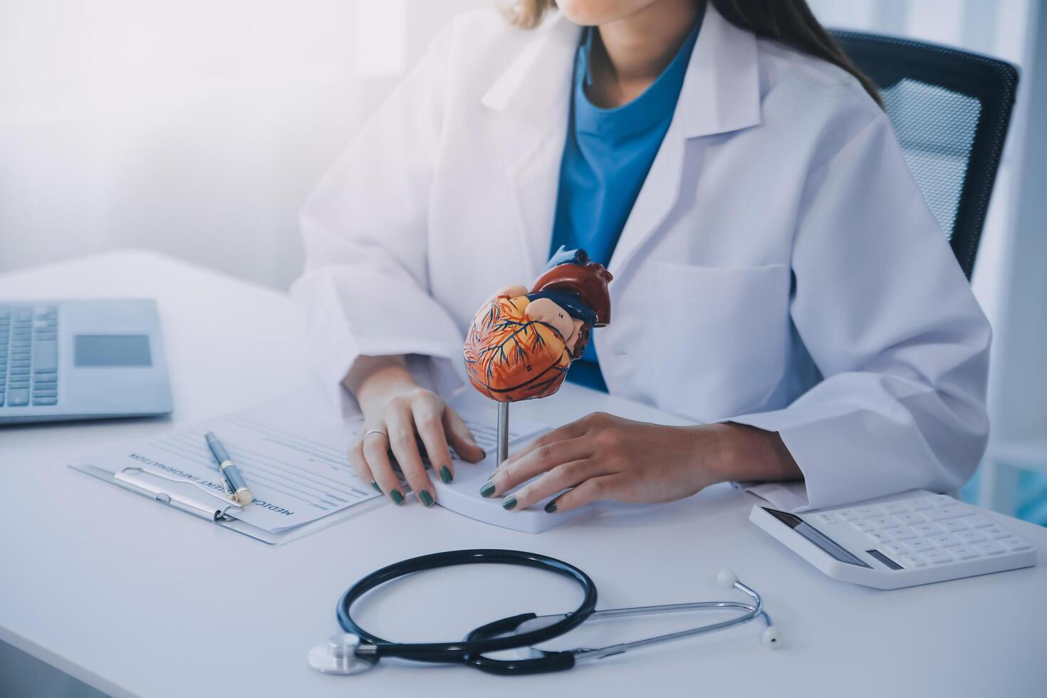 Doctor explaining heart to elderly patient. Doctor explaining the heart model. Doctors pen point to a model of the heart photo