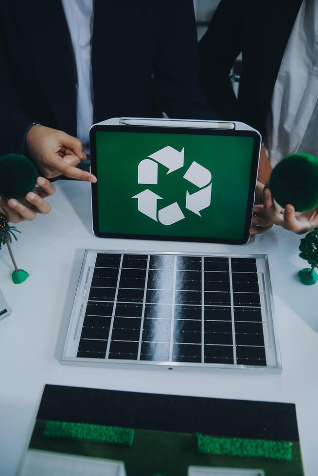 Carbon offset price report CO2 emission. Future growth Net zero waste in ESG ethical SME office protect climate change global warming social issues project. Group of asia people Eco friendly SDGs plan photo