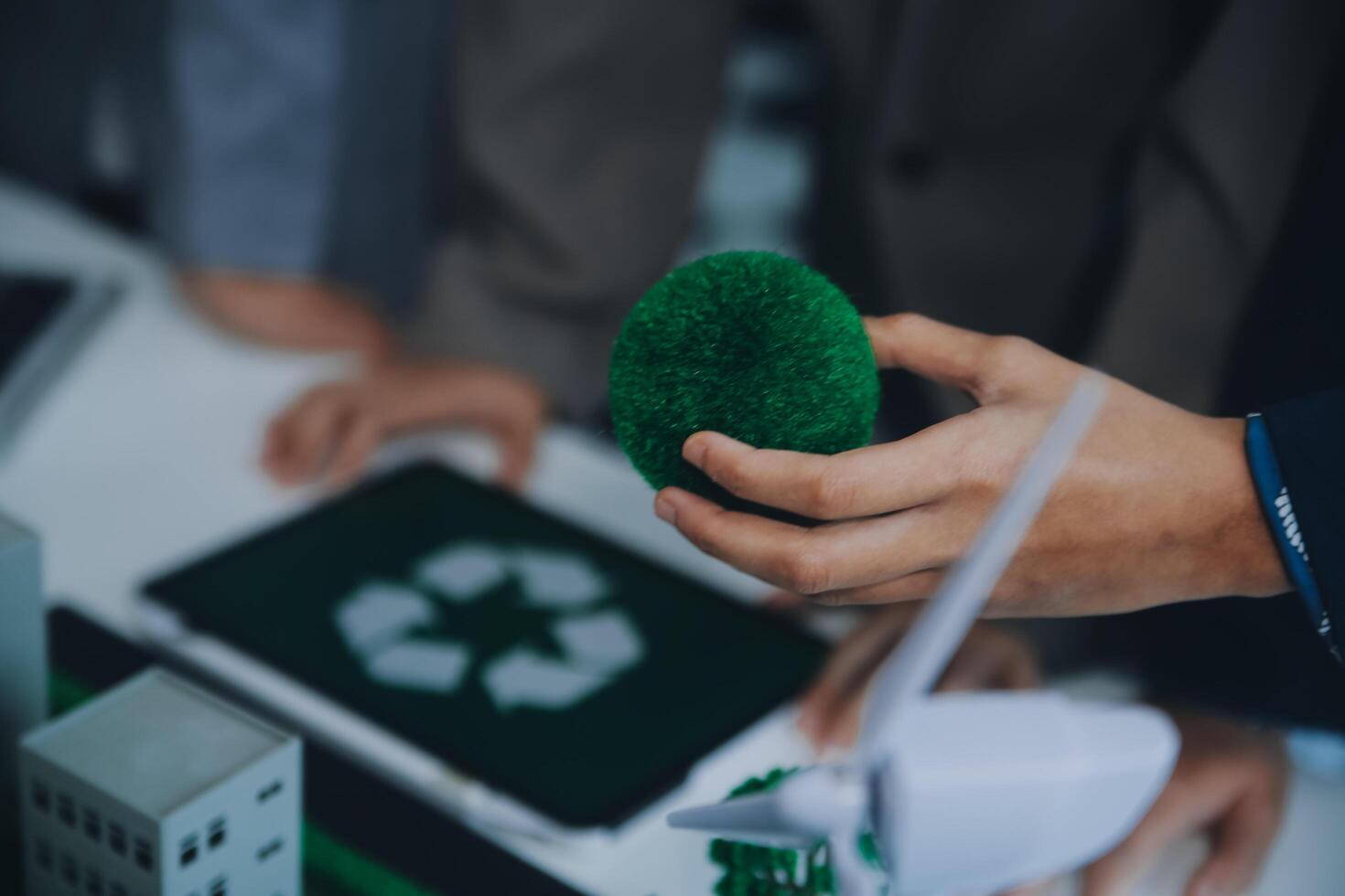 Carbon offset price report CO2 emission. Future growth Net zero waste in ESG ethical SME office protect climate change global warming social issues project. Group of asia people Eco friendly SDGs plan photo
