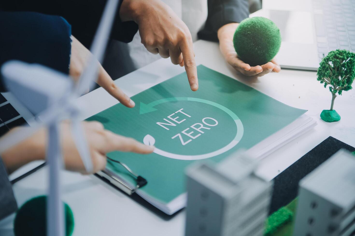 Carbon offset price report CO2 emission. Future growth Net zero waste in ESG ethical SME office protect climate change global warming social issues project. Group of asia people Eco friendly SDGs plan photo