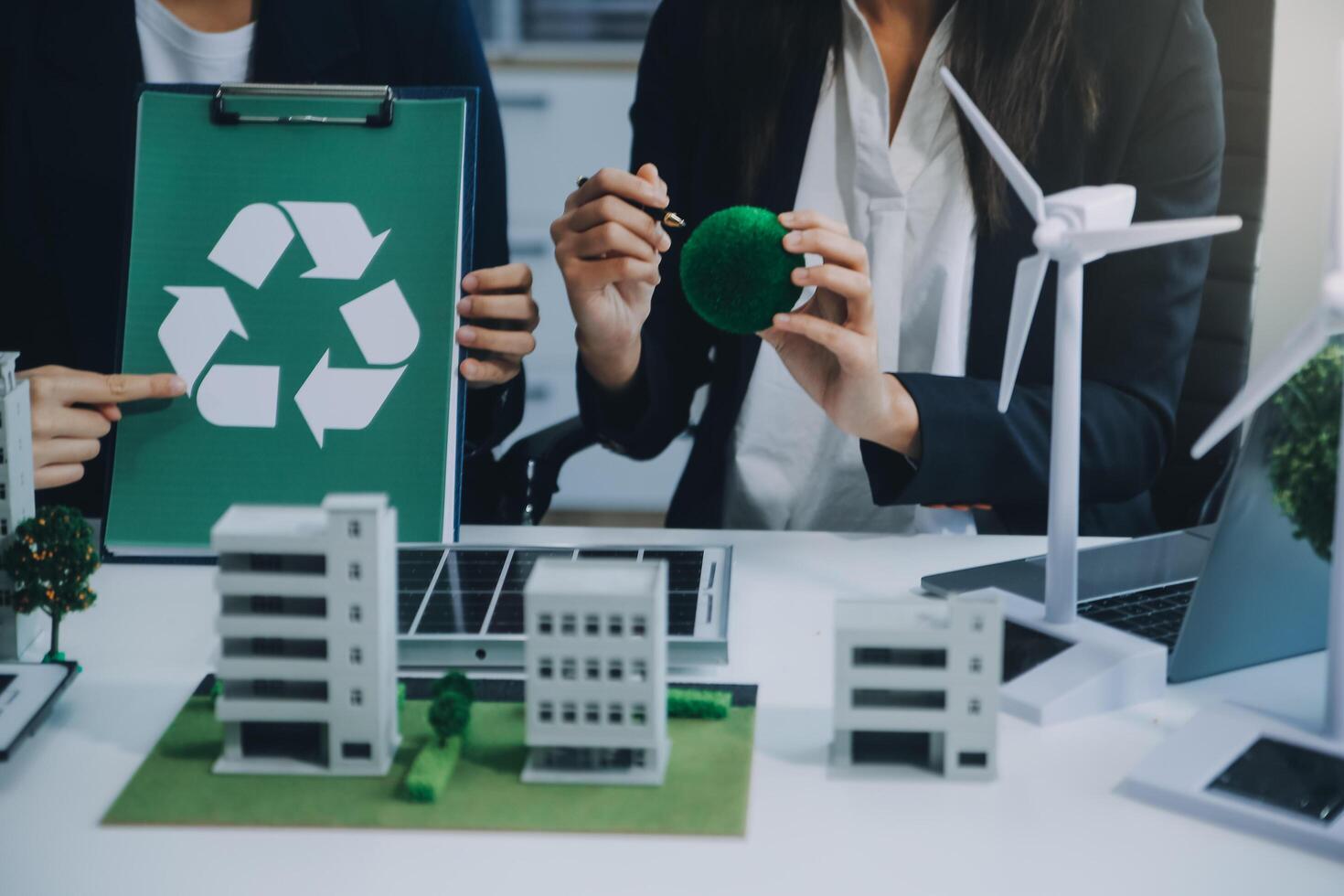 Carbon offset price report CO2 emission. Future growth Net zero waste in ESG ethical SME office protect climate change global warming social issues project. Group of asia people Eco friendly SDGs plan photo