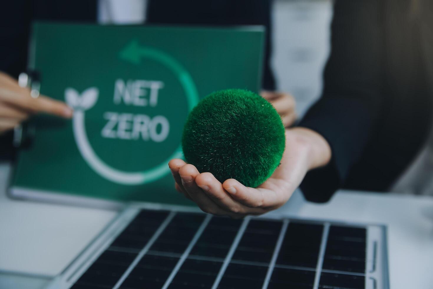 Carbon offset price report CO2 emission. Future growth Net zero waste in ESG ethical SME office protect climate change global warming social issues project. Group of asia people Eco friendly SDGs plan photo