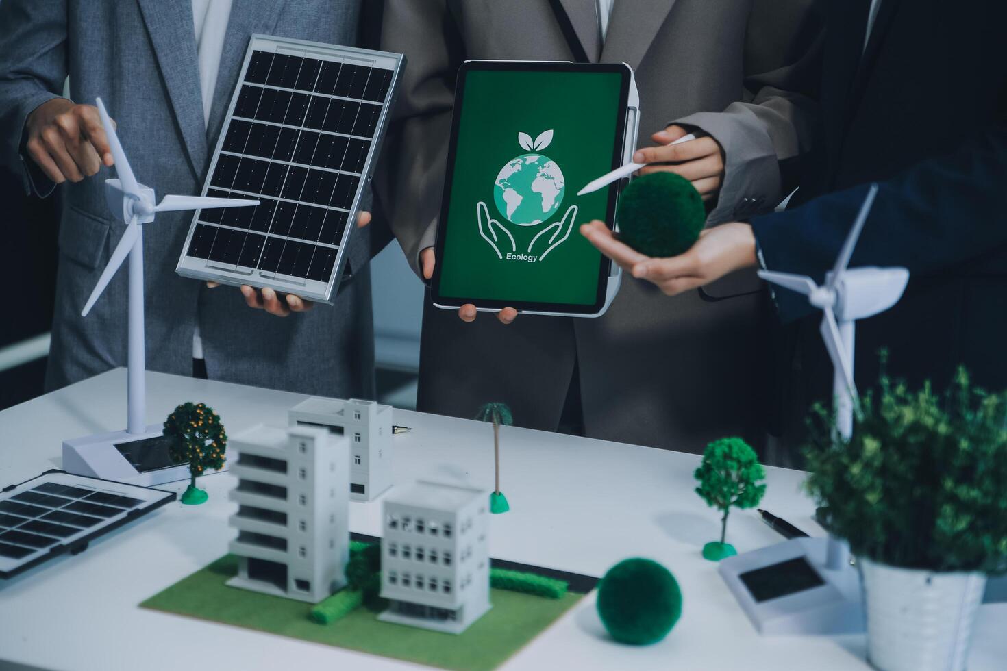 Carbon offset price report CO2 emission. Future growth Net zero waste in ESG ethical SME office protect climate change global warming social issues project. Group of asia people Eco friendly SDGs plan photo
