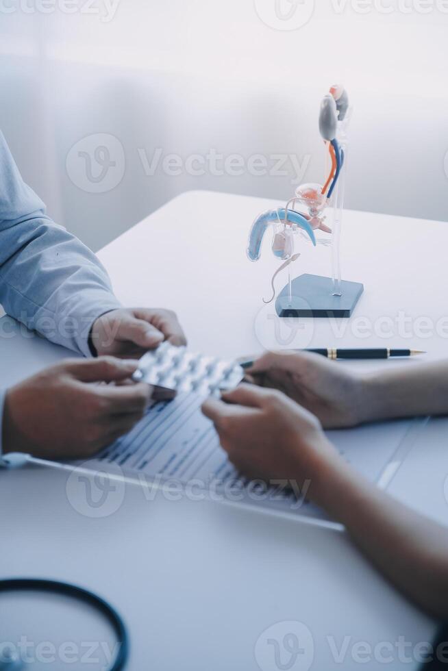 Doctor uses anatomical model to explain male urinary system. Model labeled with parts, doctor points and explains how they work together for urinary function, ensuring patient comprehension. photo