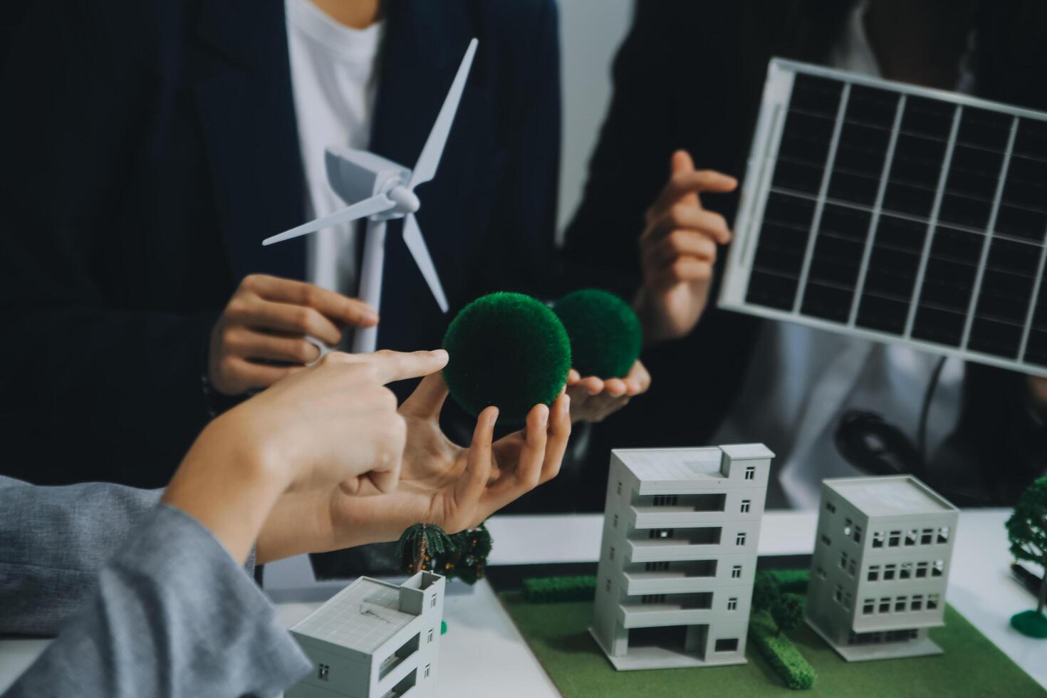 Carbon offset price report CO2 emission. Future growth Net zero waste in ESG ethical SME office protect climate change global warming social issues project. Group of asia people Eco friendly SDGs plan photo