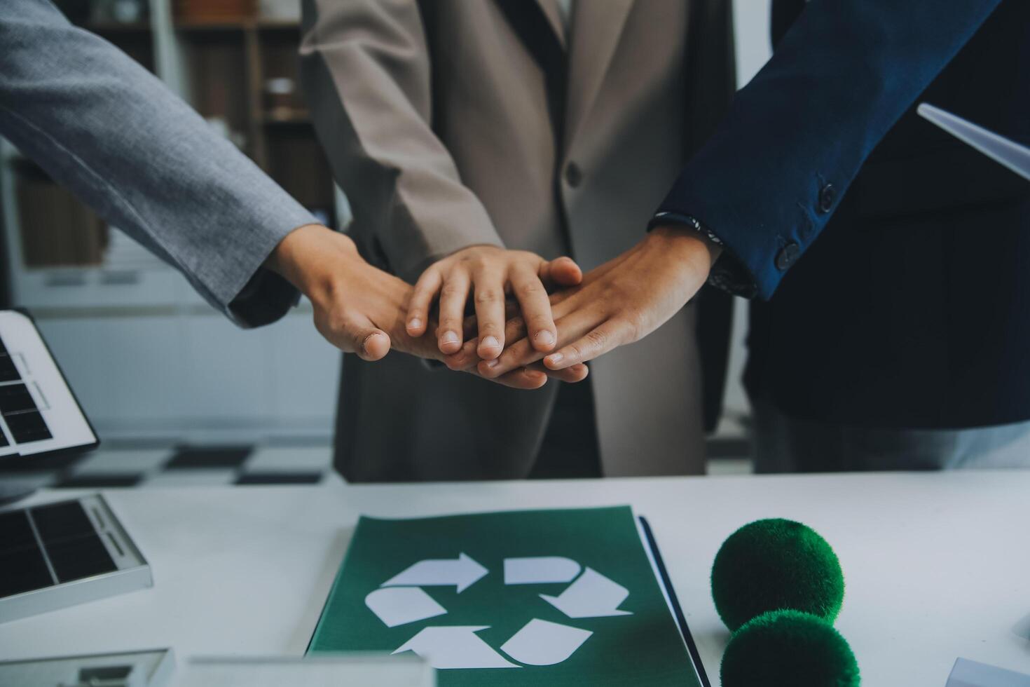 Carbon offset price report CO2 emission. Future growth Net zero waste in ESG ethical SME office protect climate change global warming social issues project. Group of asia people Eco friendly SDGs plan photo
