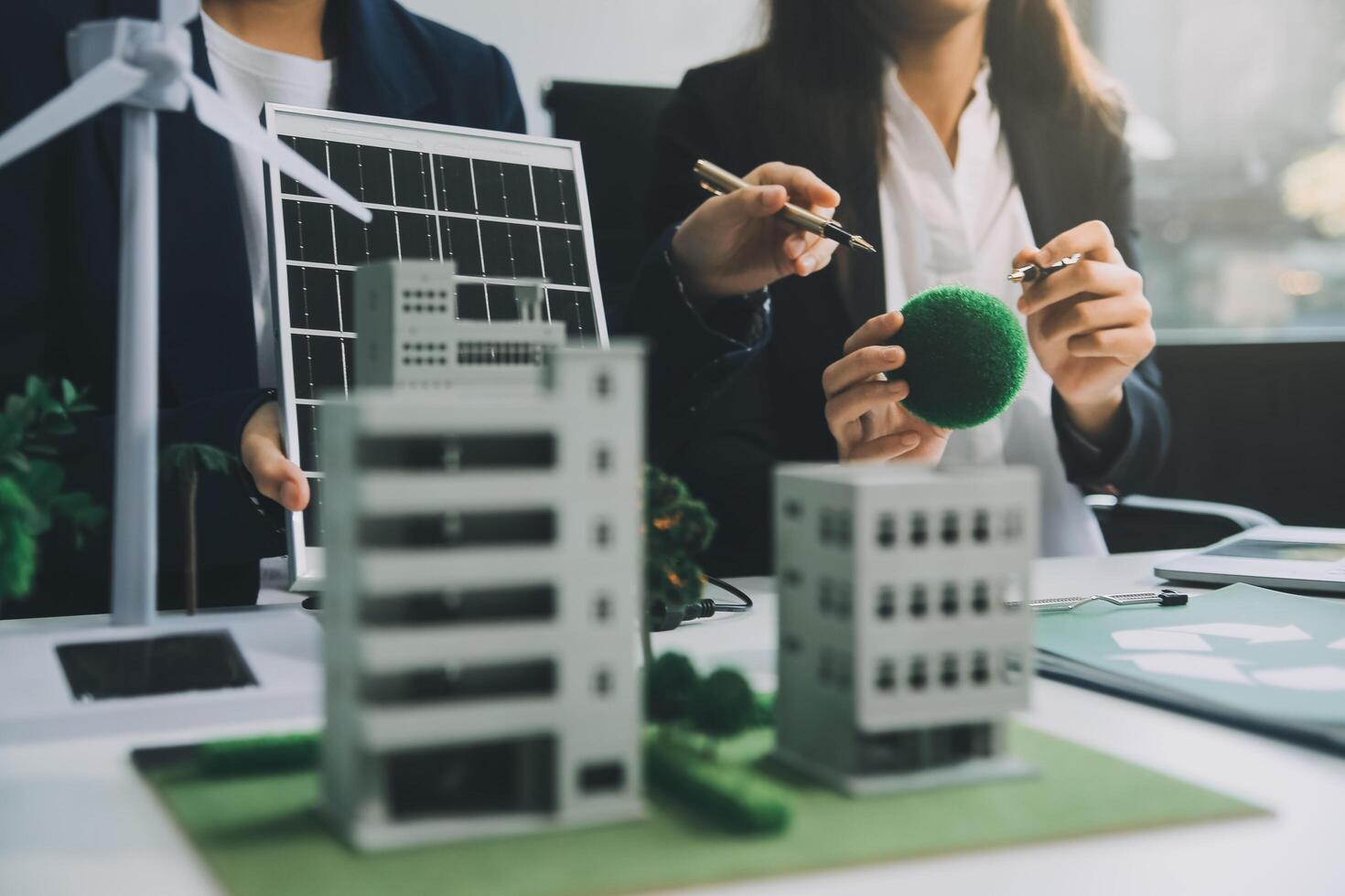 Carbon offset price report CO2 emission. Future growth Net zero waste in ESG ethical SME office protect climate change global warming social issues project. Group of asia people Eco friendly SDGs plan photo