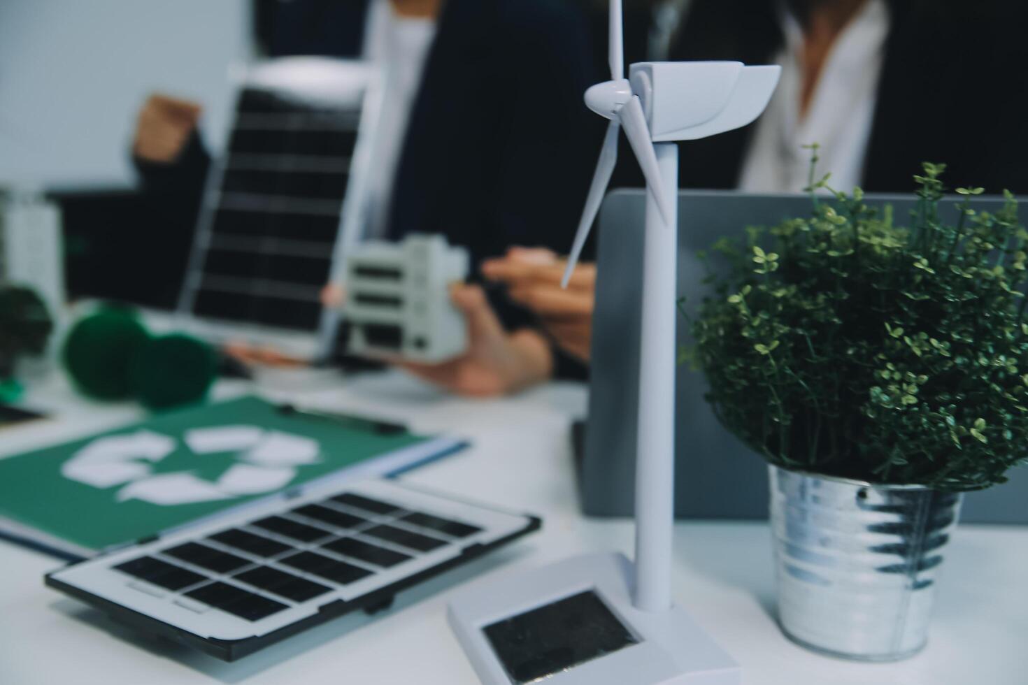 Carbon offset price report CO2 emission. Future growth Net zero waste in ESG ethical SME office protect climate change global warming social issues project. Group of asia people Eco friendly SDGs plan photo