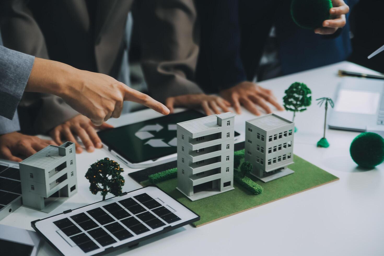 Carbon offset price report CO2 emission. Future growth Net zero waste in ESG ethical SME office protect climate change global warming social issues project. Group of asia people Eco friendly SDGs plan photo