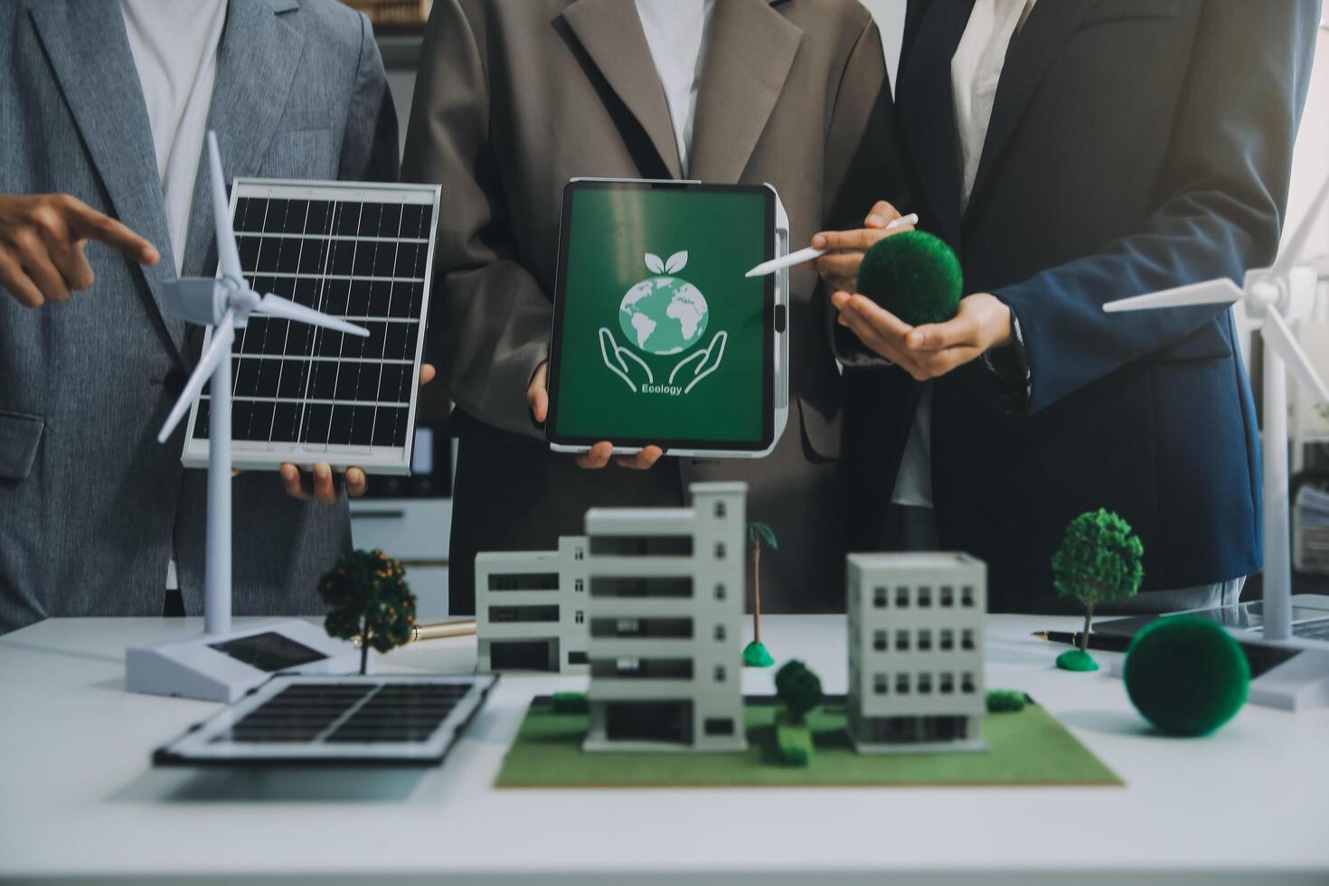 Carbon offset price report CO2 emission. Future growth Net zero waste in ESG ethical SME office protect climate change global warming social issues project. Group of asia people Eco friendly SDGs plan photo