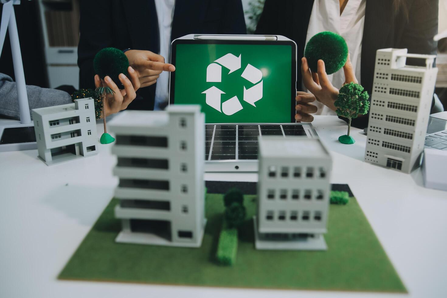 Carbon offset price report CO2 emission. Future growth Net zero waste in ESG ethical SME office protect climate change global warming social issues project. Group of asia people Eco friendly SDGs plan photo