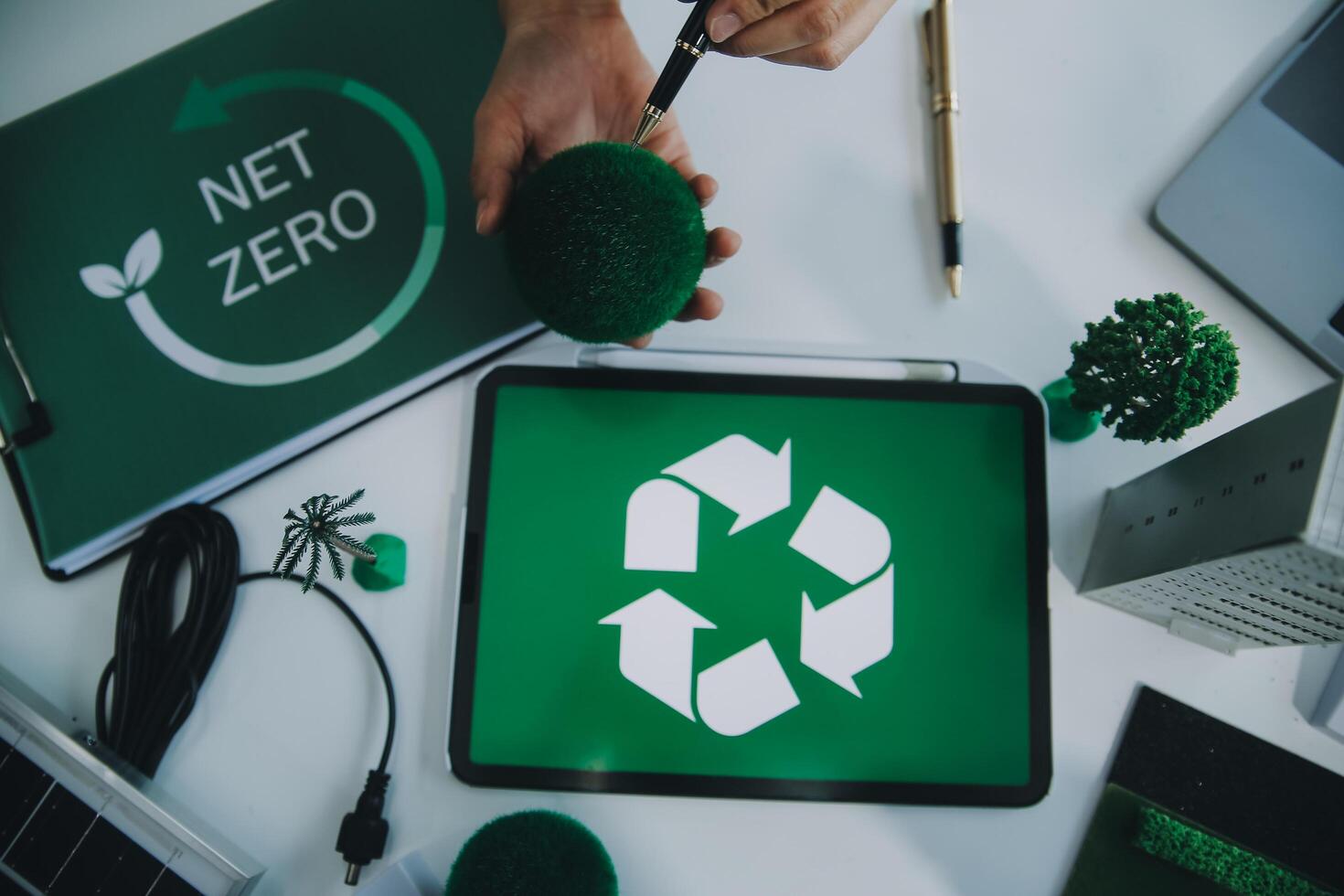 Carbon offset price report CO2 emission. Future growth Net zero waste in ESG ethical SME office protect climate change global warming social issues project. Group of asia people Eco friendly SDGs plan photo