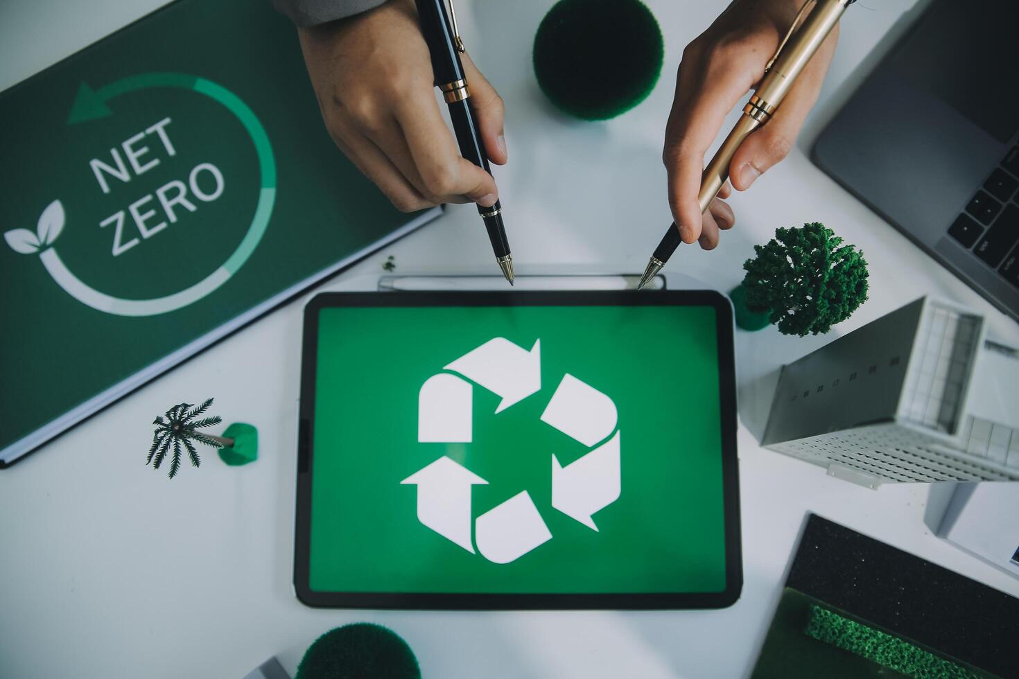 Carbon offset price report CO2 emission. Future growth Net zero waste in ESG ethical SME office protect climate change global warming social issues project. Group of asia people Eco friendly SDGs plan photo