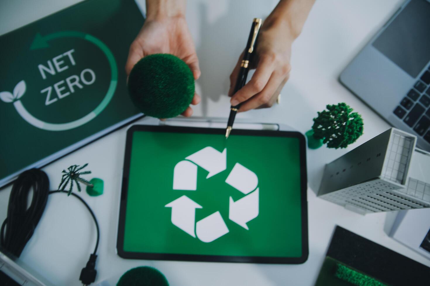 Carbon offset price report CO2 emission. Future growth Net zero waste in ESG ethical SME office protect climate change global warming social issues project. Group of asia people Eco friendly SDGs plan photo