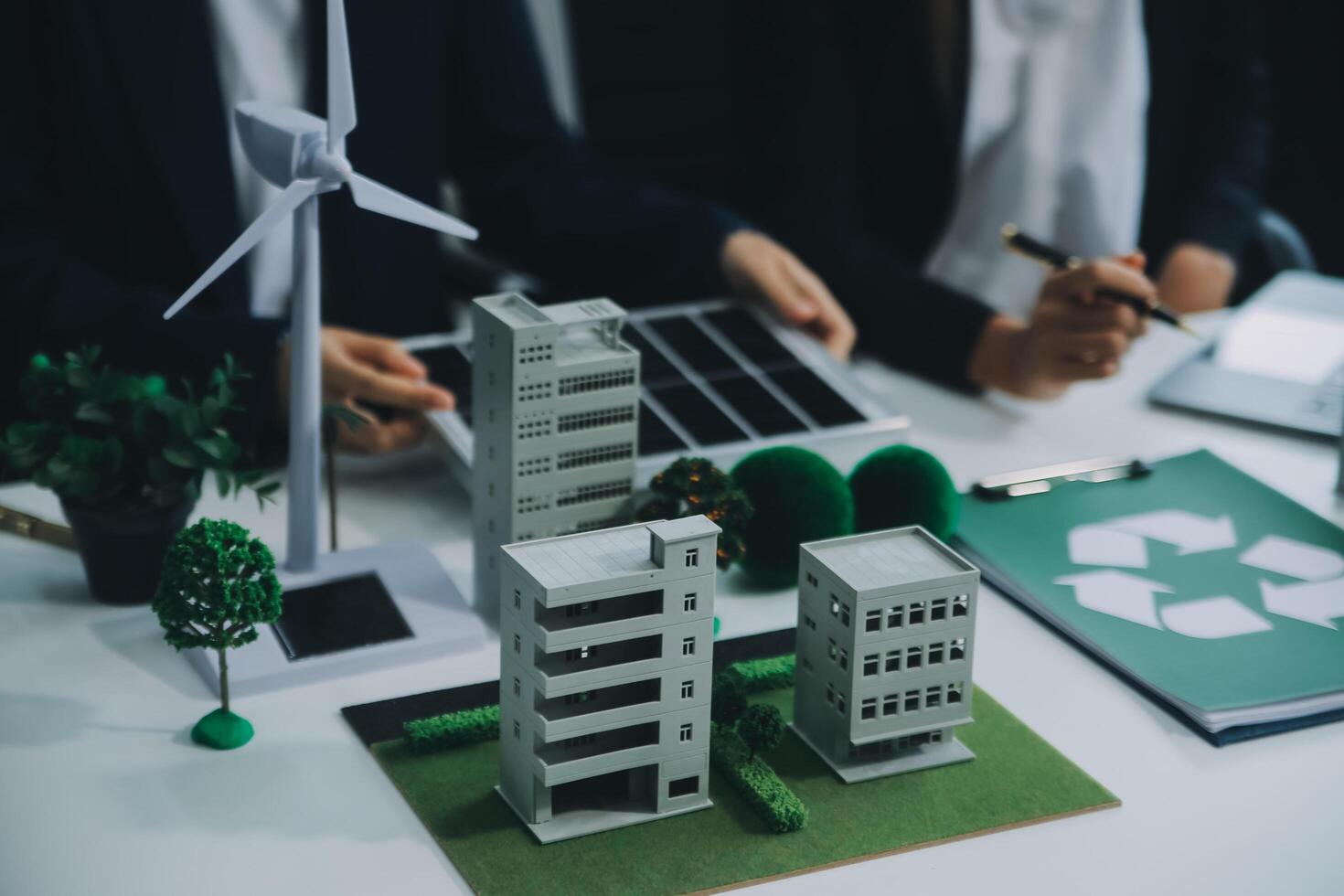 Carbon offset price report CO2 emission. Future growth Net zero waste in ESG ethical SME office protect climate change global warming social issues project. Group of asia people Eco friendly SDGs plan photo