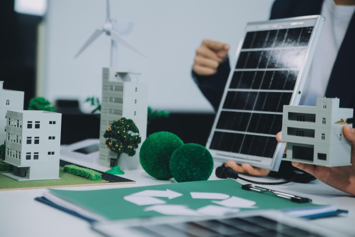 Carbon offset price report CO2 emission. Future growth Net zero waste in ESG ethical SME office protect climate change global warming social issues project. Group of asia people Eco friendly SDGs plan photo