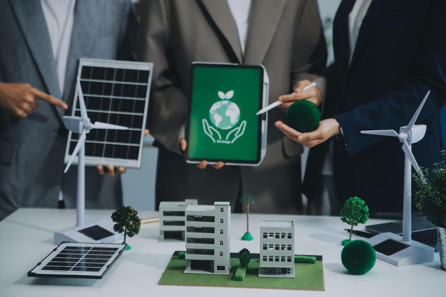Carbon offset price report CO2 emission. Future growth Net zero waste in ESG ethical SME office protect climate change global warming social issues project. Group of asia people Eco friendly SDGs plan photo