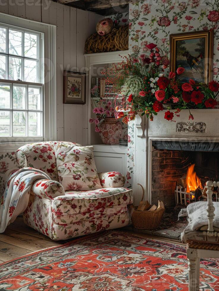 AI Generated Traditional English cottage living room with floral patterns and cozy fireplace photo