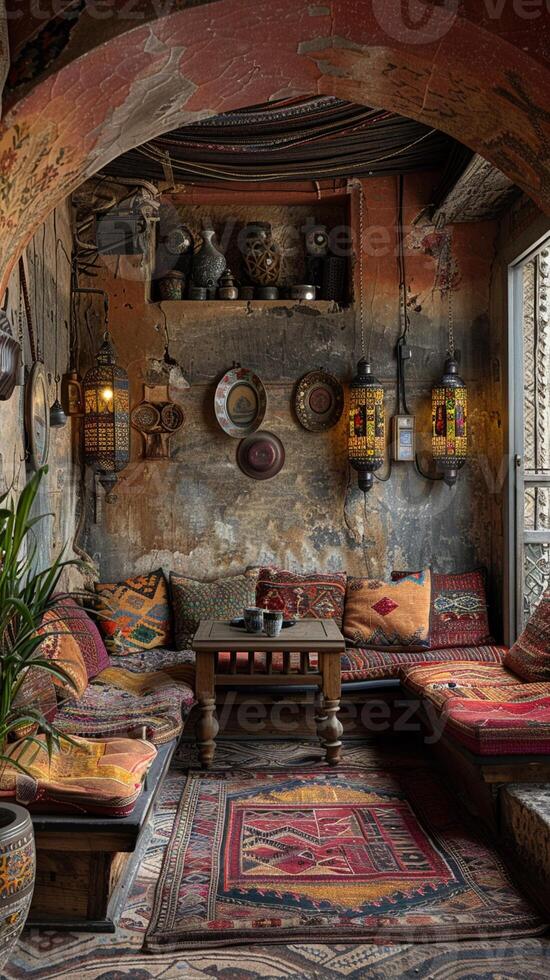 AI Generated Traditional Moroccan living room with rich textiles lanterns photo