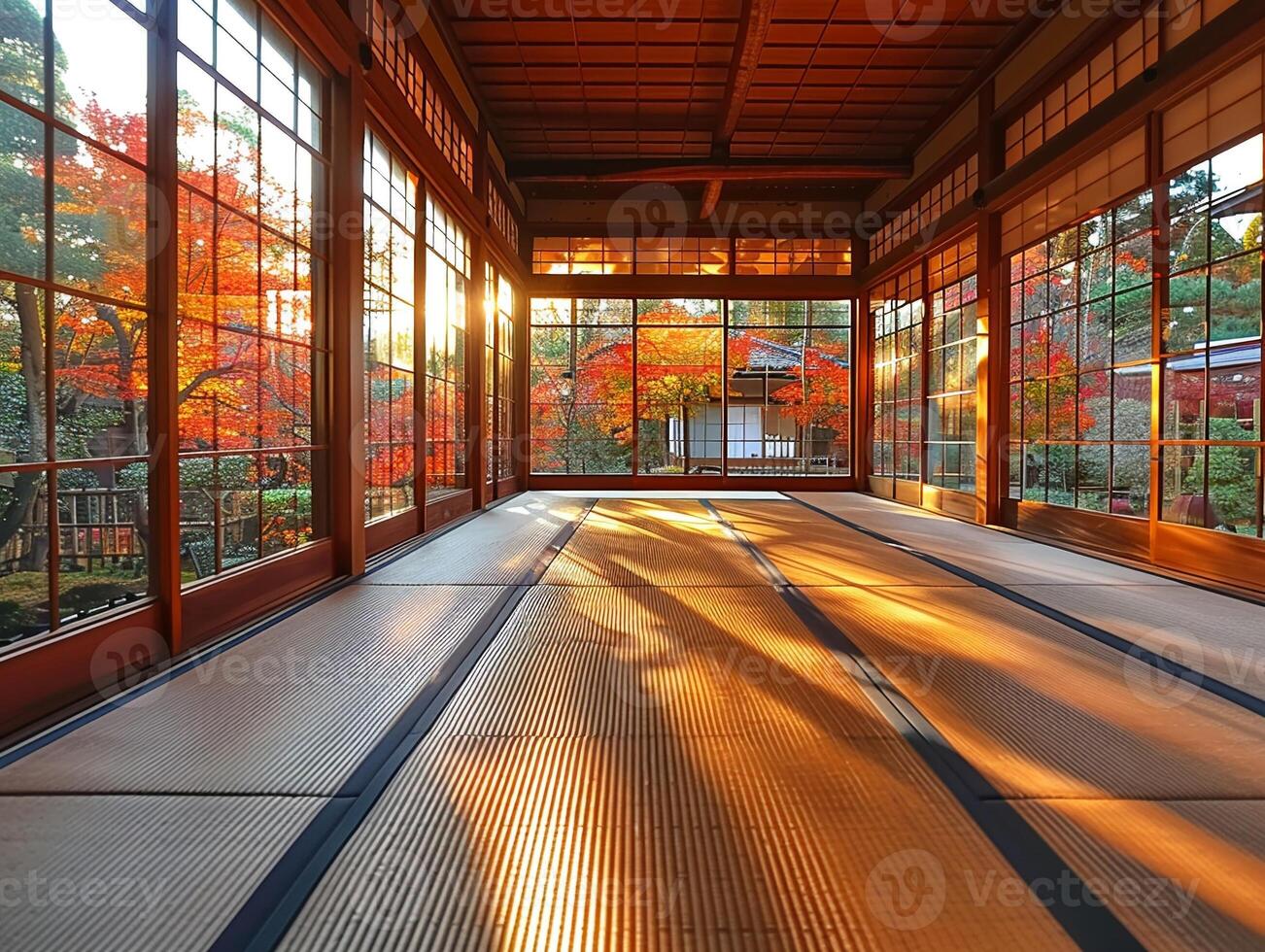 AI Generated Traditional Japanese tea room with tatami flooring and shoji screens photo