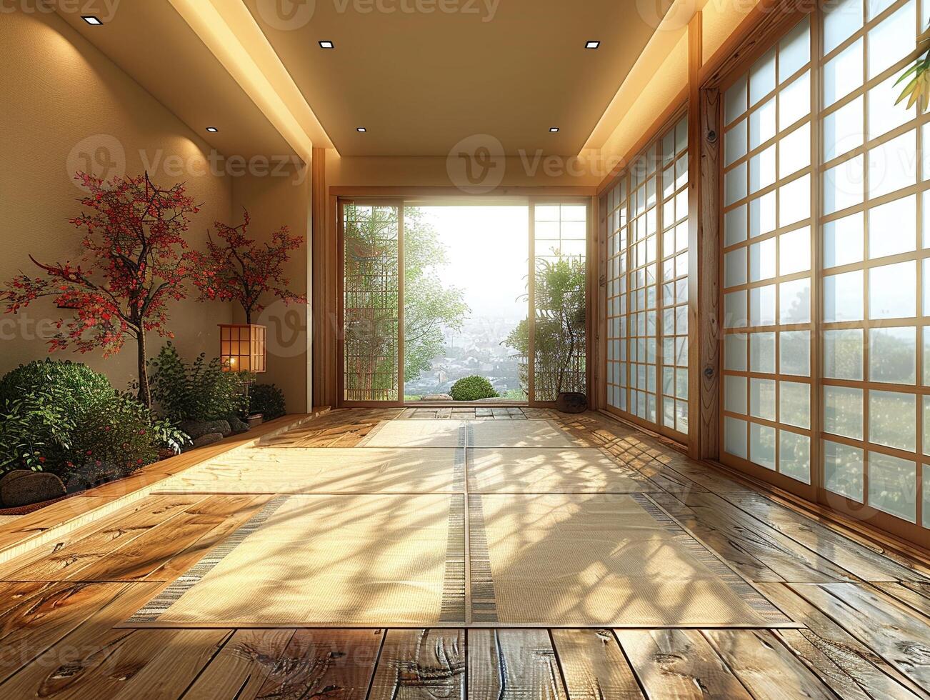 AI Generated Traditional Japanese tea room with tatami flooring and shoji screens photo