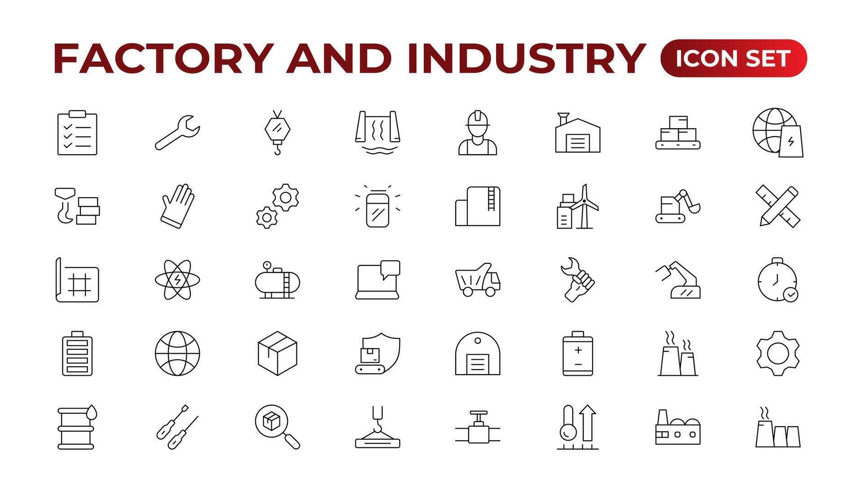 Industry and production line icons collection. Factory, plant, manufacture, tools icons. UI icon set. Thin outline pack. Vector illustration.Set of industry Icons. Simple art style. Outline icon set.