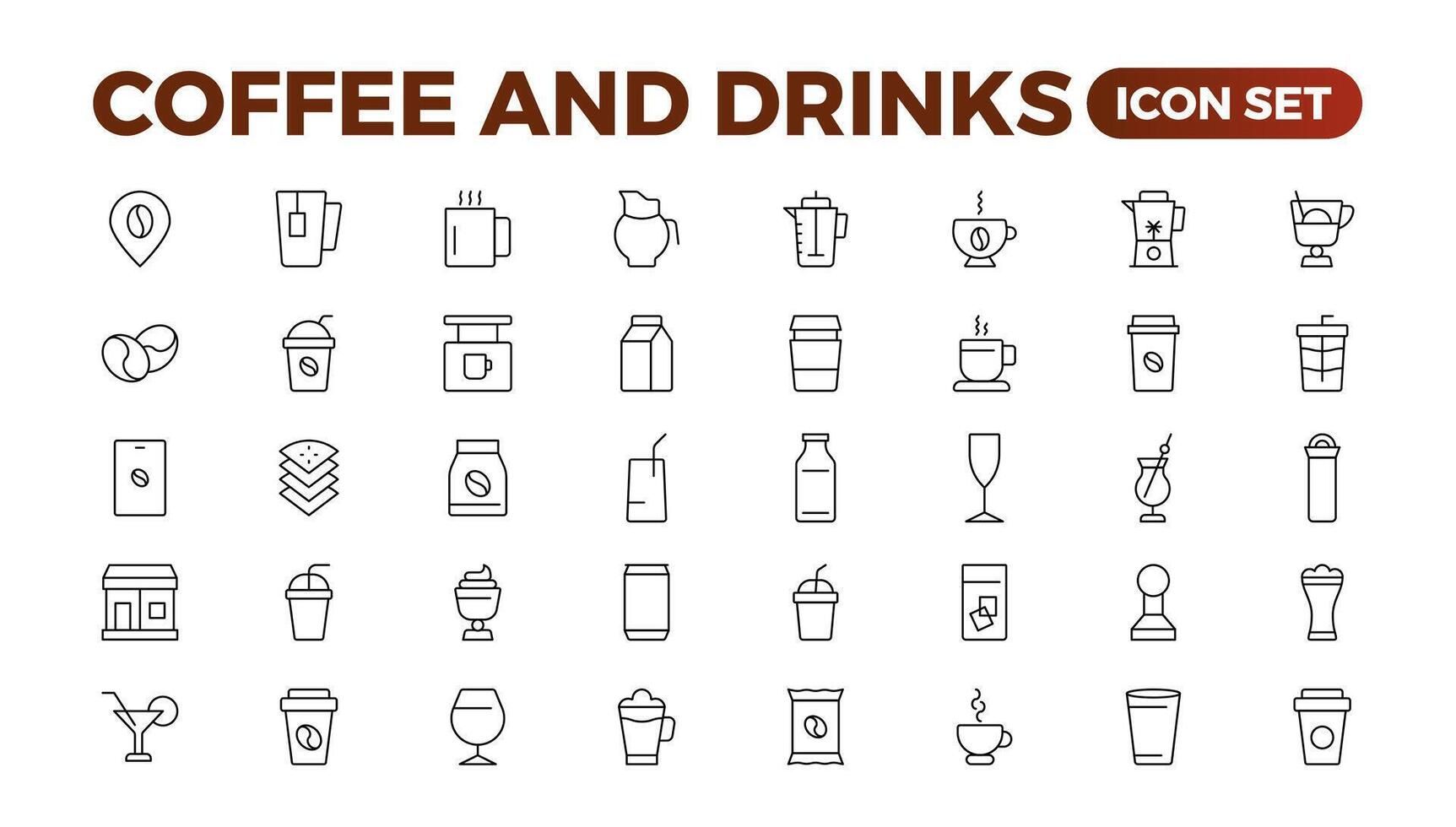 Set of coffee shop Icons. Simple line art style icons pack. Vector illustration.Coffee icons. Beans, hot cocktail and maker machine. Espresso cup, cappuccino with whipped cream Latte vending machine.