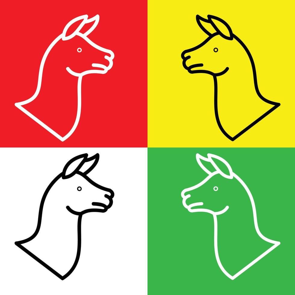 Llama Vector Icon, Lineal style icon, from Animal Head icons collection, isolated on Red, Yellow, White and Green Background.