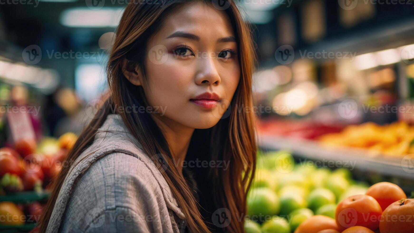 AI generated Beautiful woman in the Fresh Produce Section of the Store photo