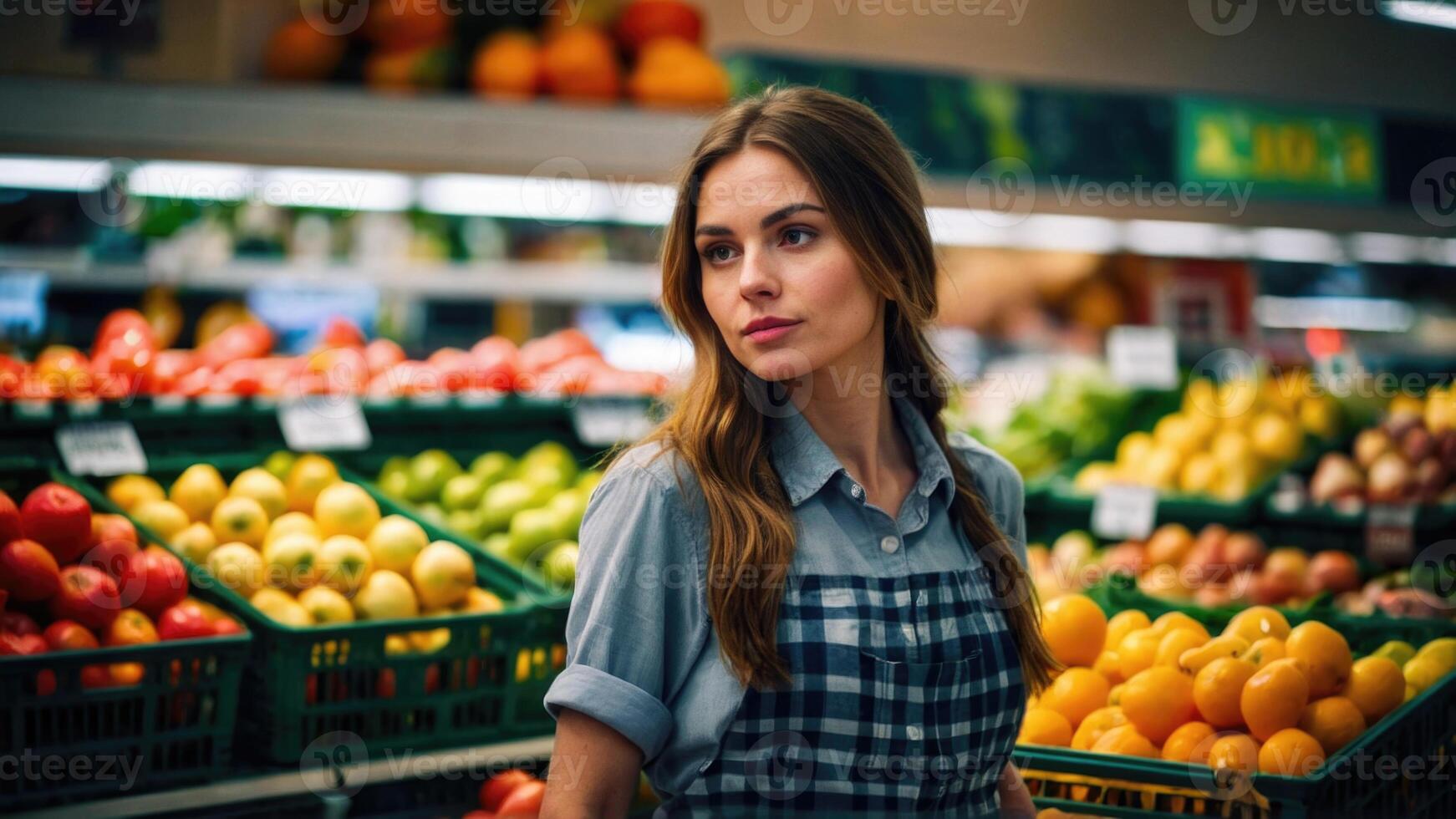 AI generated Beautiful woman in the Fresh Produce Section of the Store photo