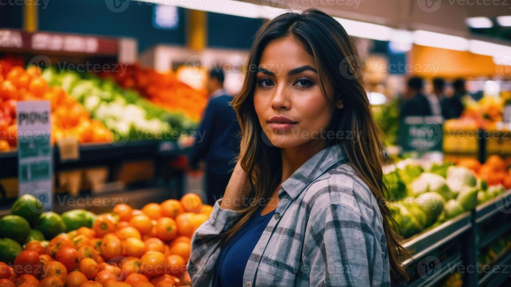 AI generated Beautiful woman in the Fresh Produce Section of the Store photo