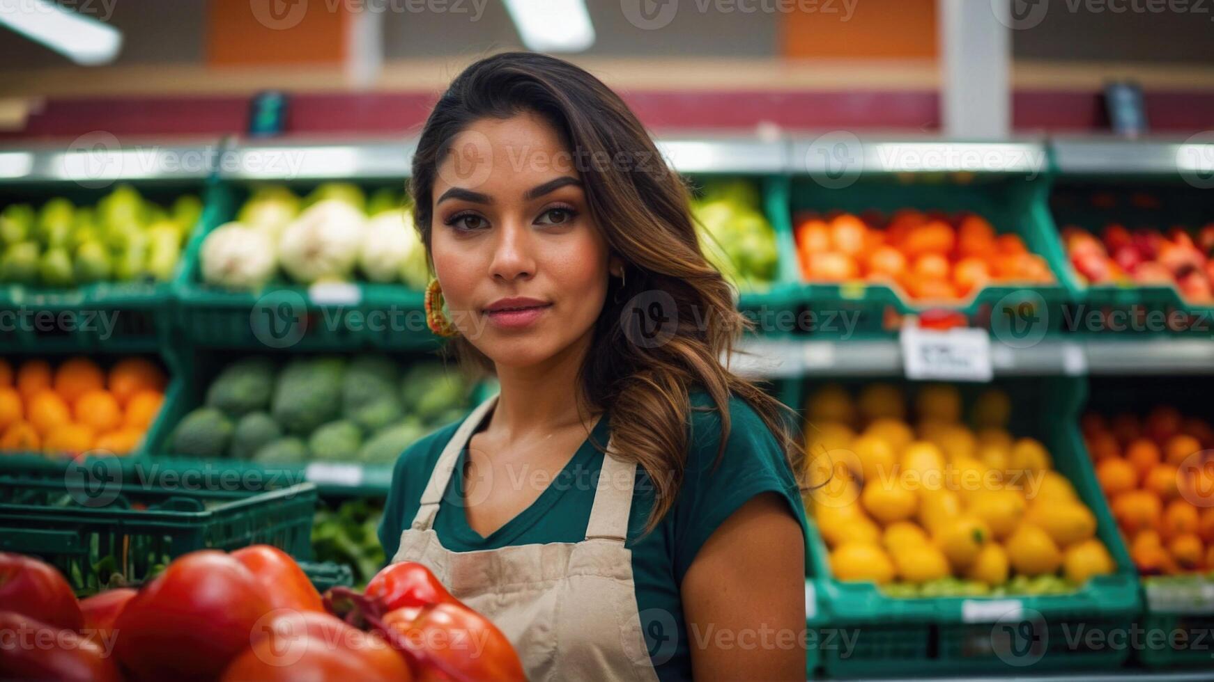 AI generated Beautiful woman in the Fresh Produce Section of the Store photo