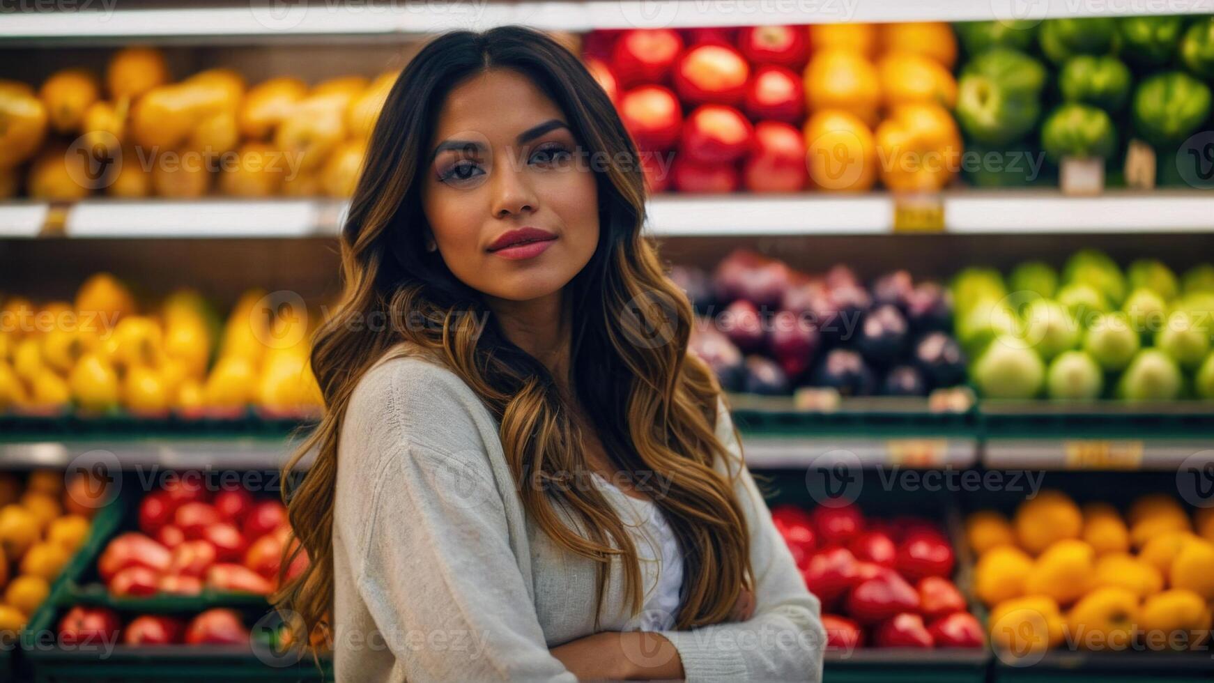 AI generated Beautiful woman in the Fresh Produce Section of the Store photo