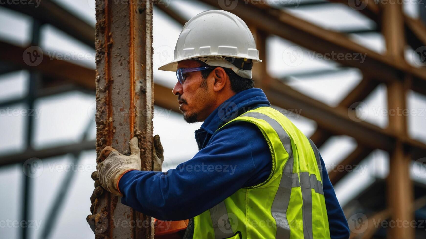 ai generado un hombre en un naranja la seguridad chaleco y difícil sombrero mirando a el construcción sitio foto