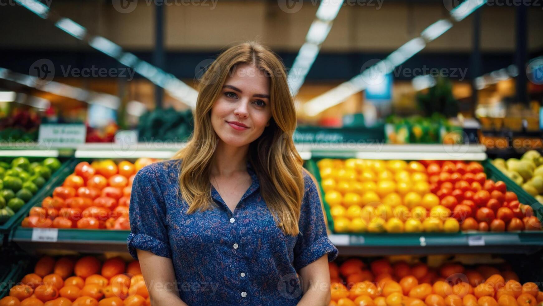 ai generado hermosa mujer en el Fresco Produce sección de el Tienda foto